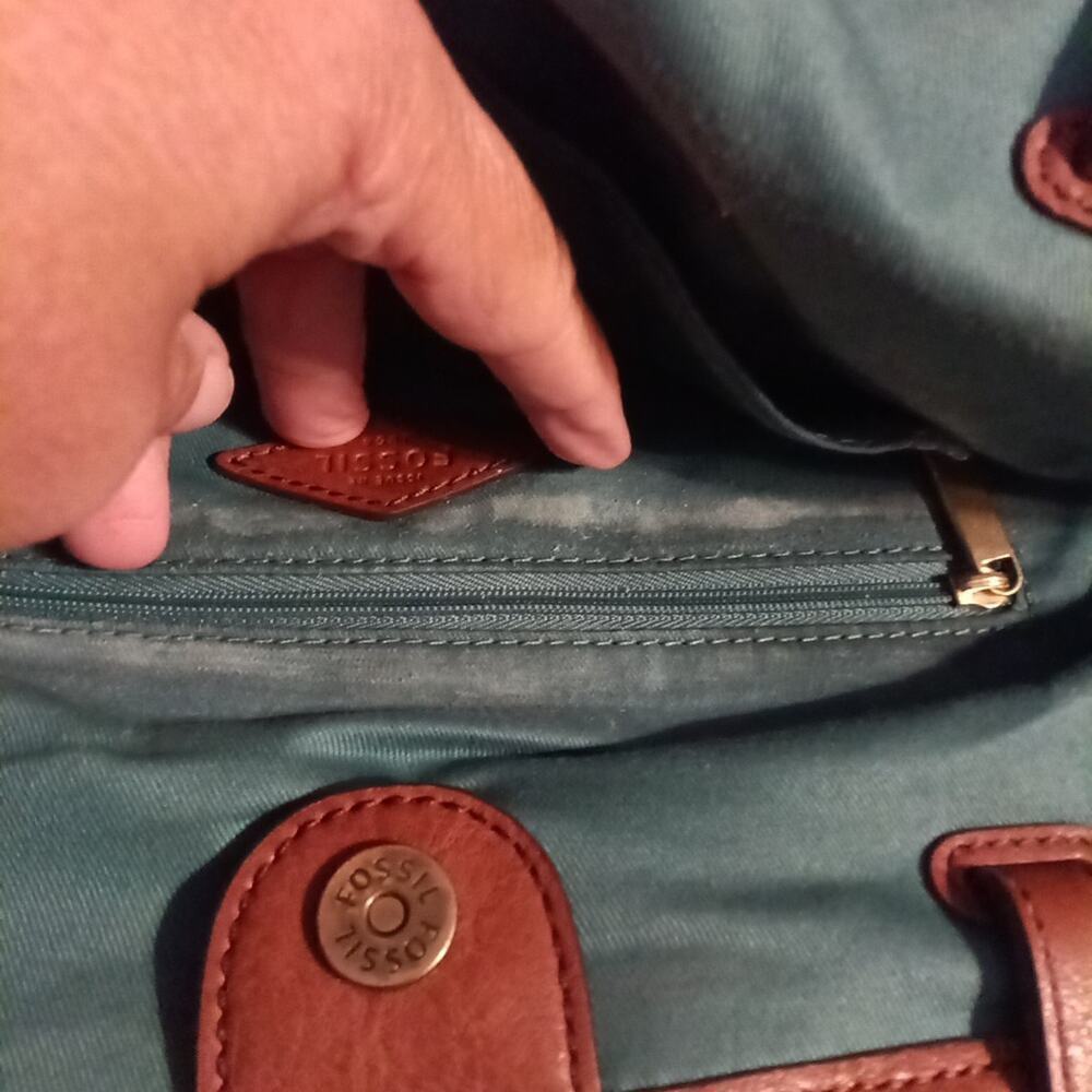 Fossil Rachel tote bag with a teal stripe canvas and brown leather trim Boho... - Picture 8 of 8